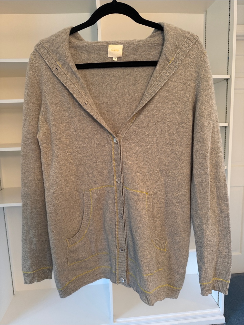 TSE Light Gray Hooded Cardigan with Yellow Stitching